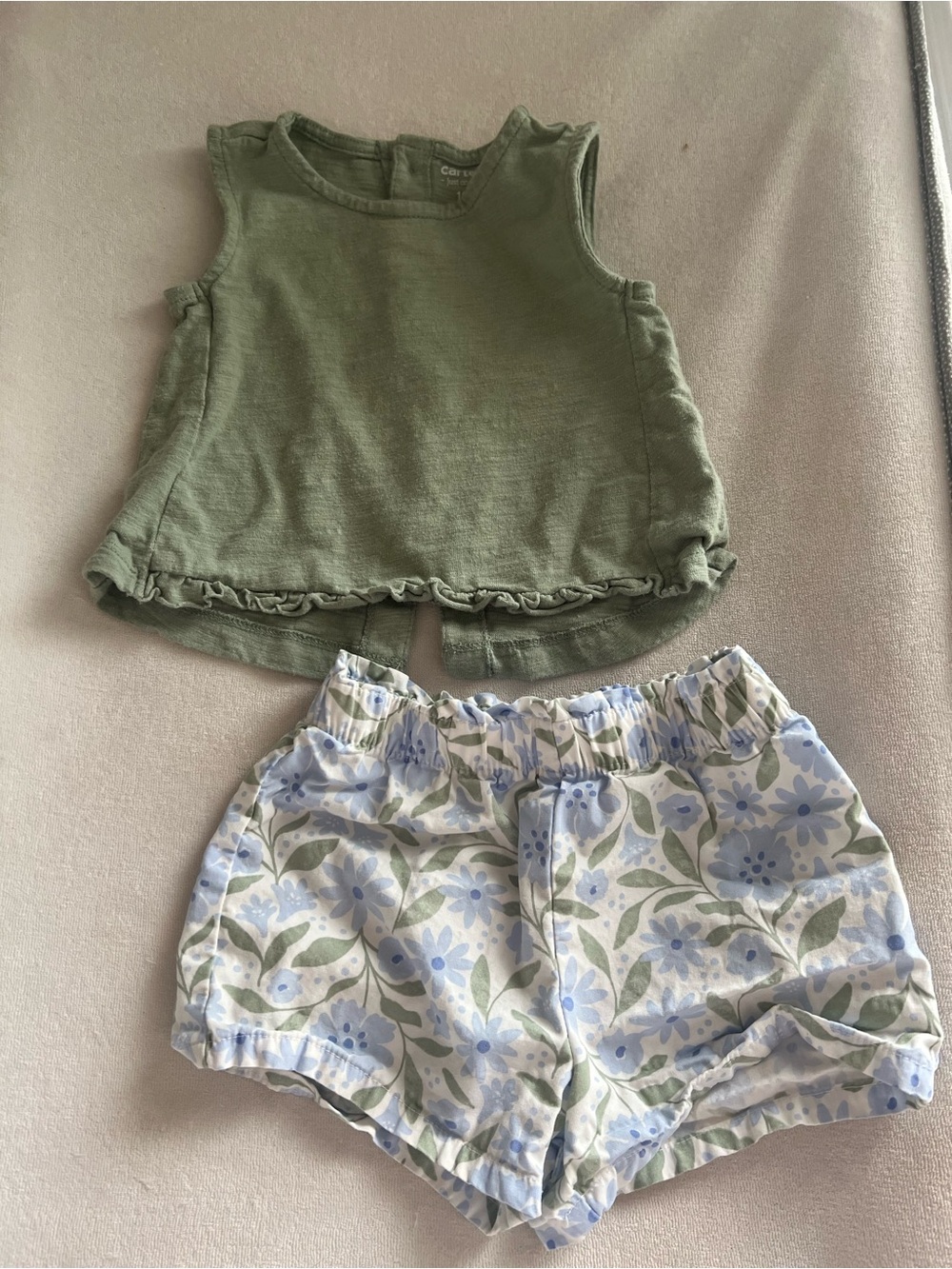 Carter's Olive Green Tank Top with Floral Blue and Green Shorts